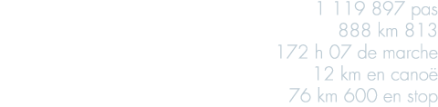 1 119 897 pas 888 km 813 172 h 07 de marche 12 km en cano  76 km 600 en stop